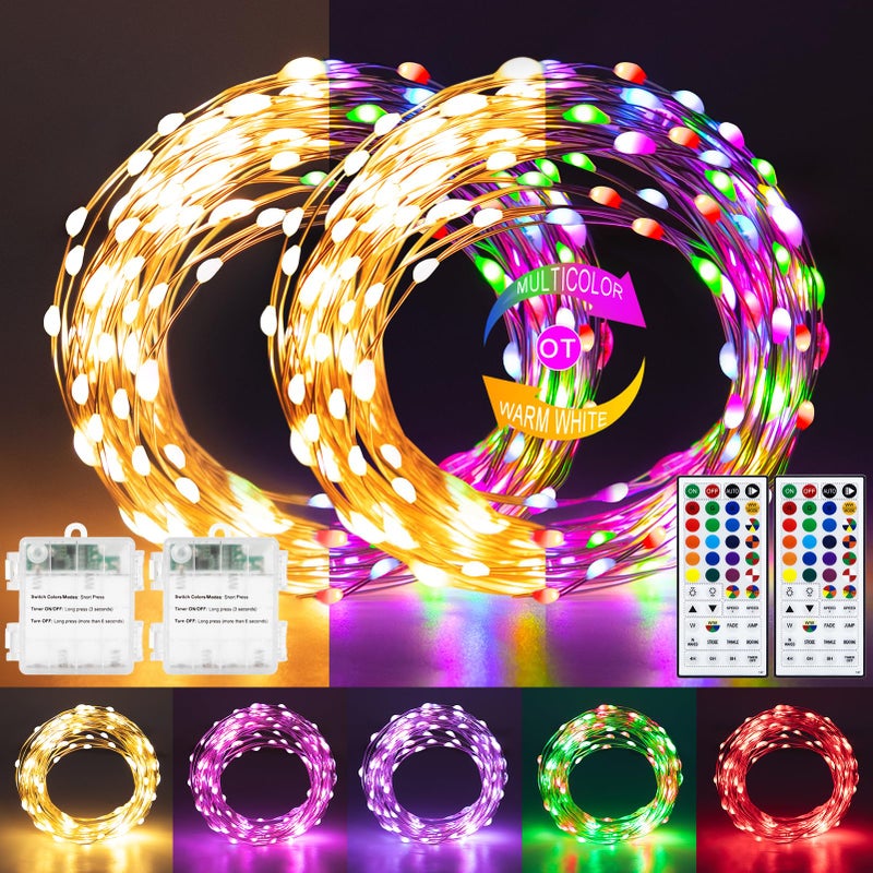 echosari 2 Pack Fairy Lights Battery Operated 66Ft 200 LED RGB Color Changing 2700K Warm White Twinkle Lights with 150 Scence Modes Silver Wire Mini Light for Bedroom Garden Wedding Decor - Image 2
