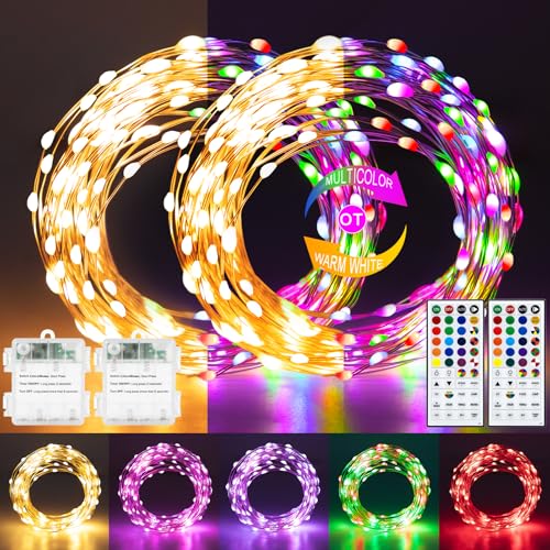 echosari 2 Pack Fairy Lights Battery Operated 66Ft 200 LED RGB Color Changing 2700K Warm White Twinkle Lights with 150 Scence Modes Silver Wire Mini Light for Bedroom Garden Wedding Decor - Image 1