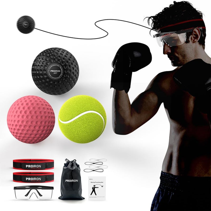 PROIRON Boxing Reflex Ball with Safety Glasses, 4 Difficulty Levels Boxing Ball with 2 Adjustable Headband, Boxing Head ball for Punch Speed, Hand Eye Coordination Training Equipment - Image 1