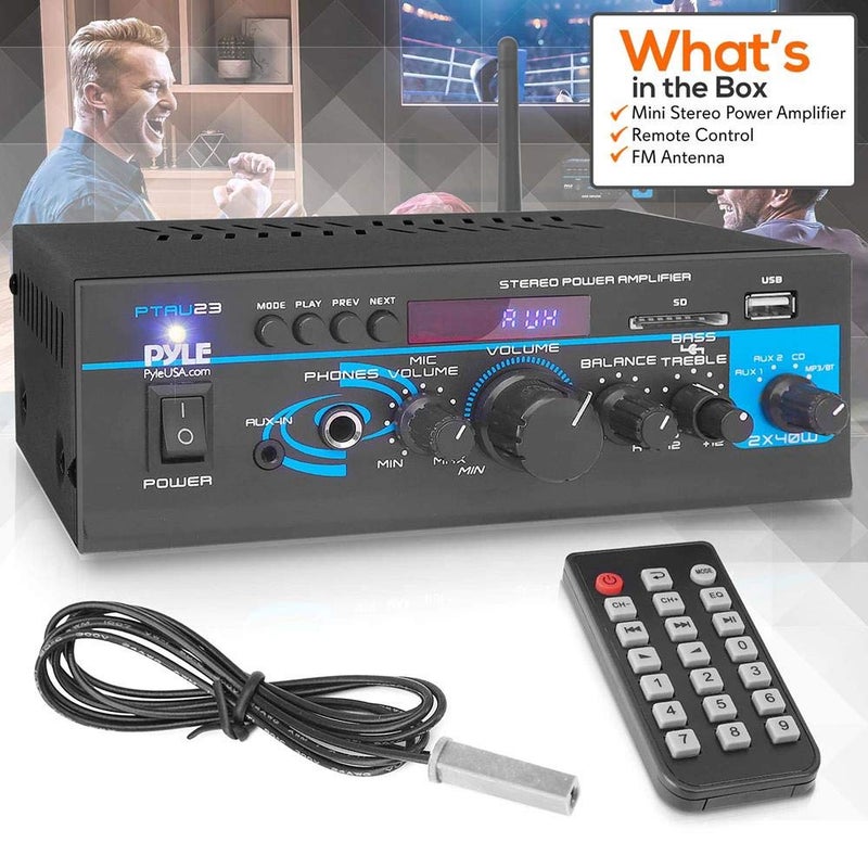 Pyle Home Audio Bluetooth Power Amplifier System - 2X40W Mini Dual Channel Mixer Sound Stereo Receiver Box with RCA, USB, AUX, Headphone, Mic Input, Theater, Home Entertainment, Studio Use, PTAU23 - Image 2