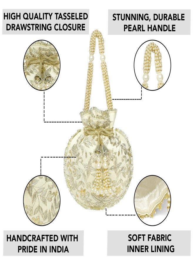 Peora White Ethnic Embroidered Potli Bag for Women Fancy Evening Wristlet Purse Bag for Girls - Image 2