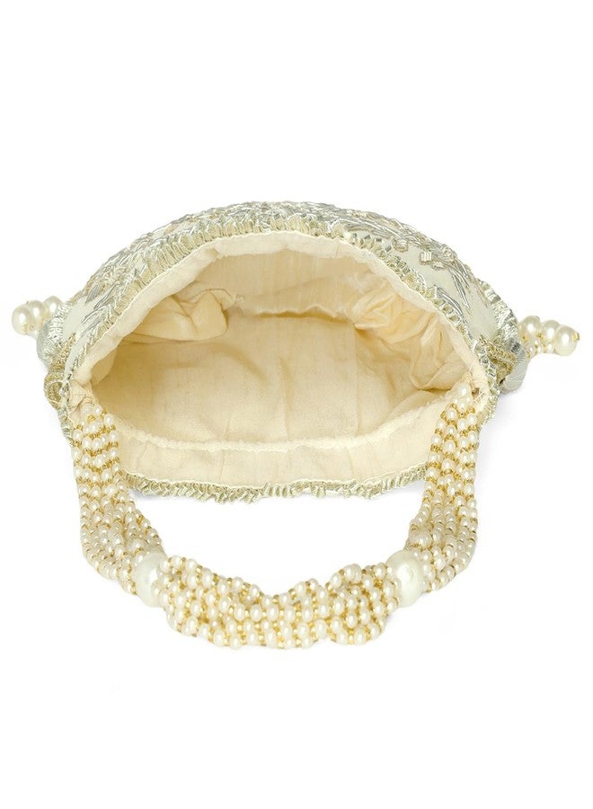 Peora White Ethnic Embroidered Potli Bag for Women Fancy Evening Wristlet Purse Bag for Girls - Image 5