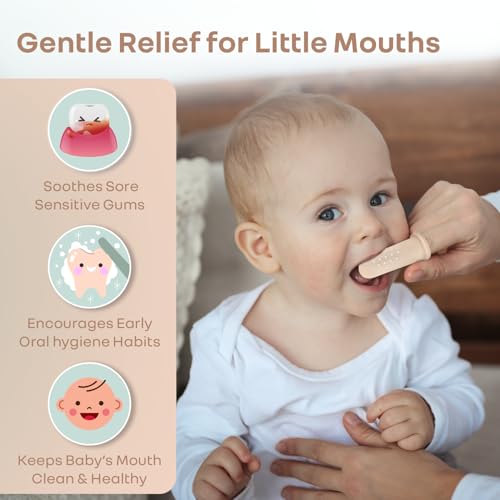 R for Rabbit Tiny Smiles Gummy Finger Toothbrush for Babies | BPA-Free Silicone 2 in 1 Brush & Tongue Cleaner with Storage Case | Oral Care for 0+ Months | Safe & Travel-Friendly (Beige) - Image 2