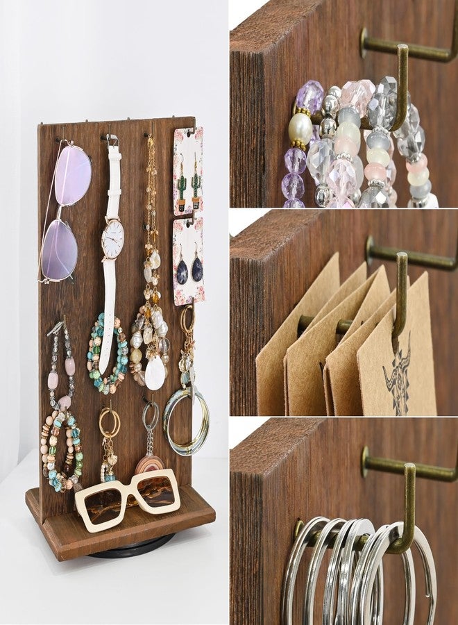MOOCA Wooden Rotating Two-Sided Jewelry Display Stand, Rotating Organizer with 32 Long Hooks for Store, Keychain Earring Display, Brown color, 9.1W x 7.5 D x 17.1 H in - Image 4