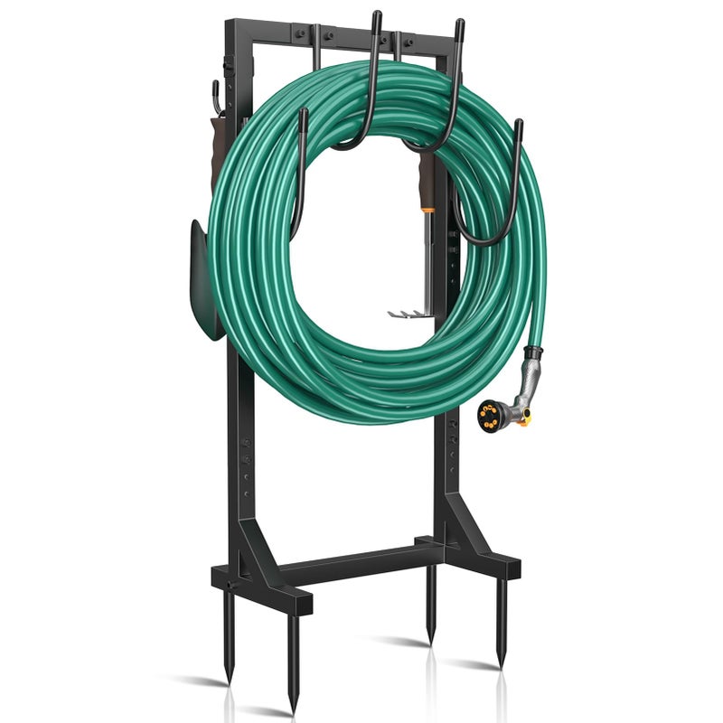 Winpull Garden Hose Holder Water Hose Holder with 4 Spikes, Freestanding Hose Hanger Outdoor Hold Stand Heavy Duty 6 Hooks Metal Garden Hose Storage Hose Reel Rack for Outside (Black) - Image 1