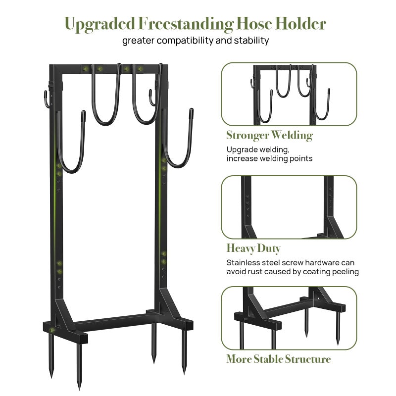 Winpull Garden Hose Holder Water Hose Holder with 4 Spikes, Freestanding Hose Hanger Outdoor Hold Stand Heavy Duty 6 Hooks Metal Garden Hose Storage Hose Reel Rack for Outside (Black) - Image 2