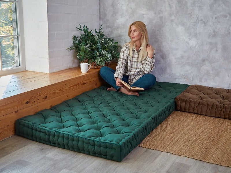 ATOOTFUSION Cotton Floor Mattress, 4 inch Thick Tufted Cushion, 72 x 30 inch, Foldable, Rollable Light Weight Cotton Mattress Dark Green - Image 2