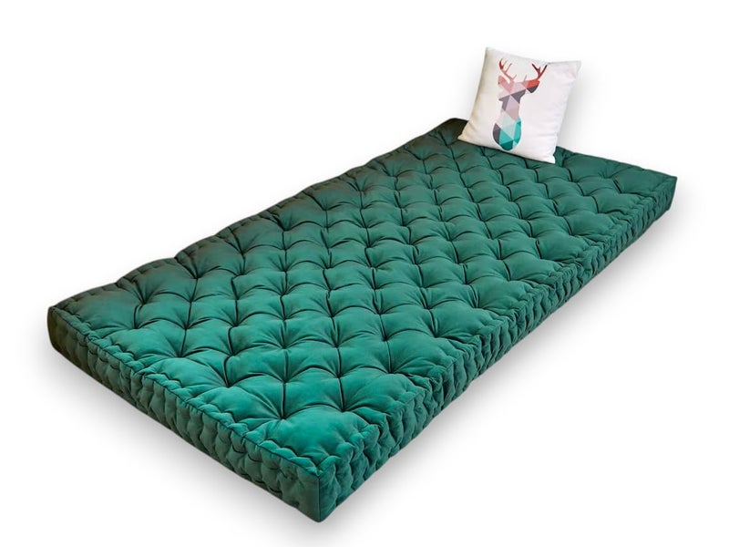 ATOOTFUSION Cotton Floor Mattress, 4 inch Thick Tufted Cushion, 72 x 30 inch, Foldable, Rollable Light Weight Cotton Mattress Dark Green - Image 1