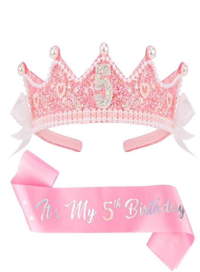 CUBACO Birthday Crown Headband 5th Birthday Girl Sash, Birthday Girl Headband Princess Pink Crown 5 Year Old Girl Gift Outfit Birthday Decorations,Suitable for Party Favors Decorations - Image 1