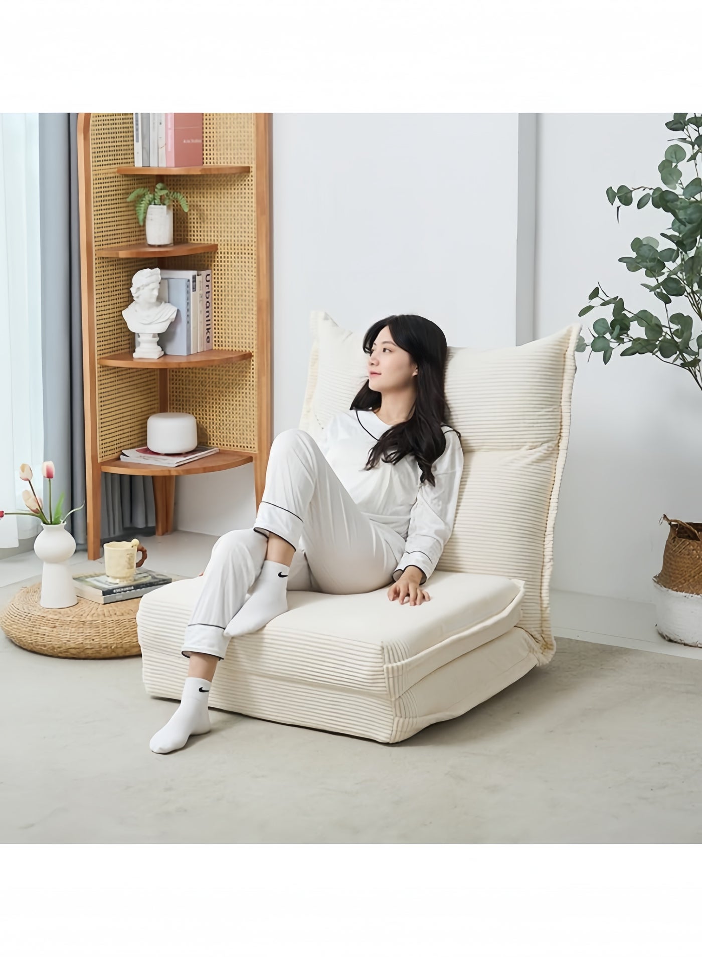 Floor Sofa with Back Support, 5 Reclining Poistion Adjustable Sofa Bed, Folding Lazy Sofa, Floor Lounge Chair, Gaming Recliner Bed White