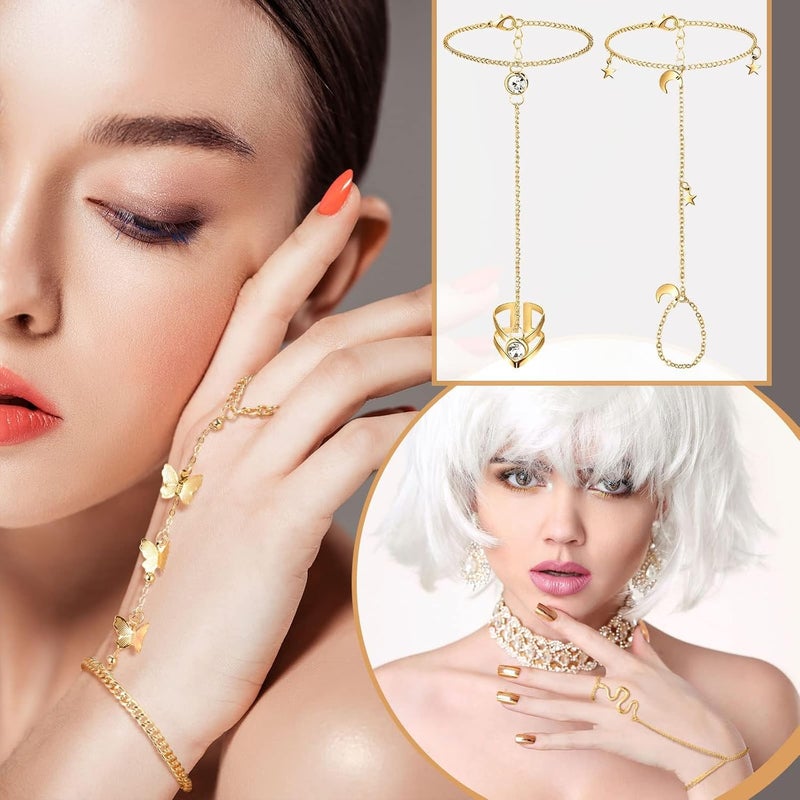 Excefore Silver Wedding Link Chain, Hand Chain Bracelet with Ring, Party & Everyday Jewelry for Women & Girls (6 Pieces) - Image 3