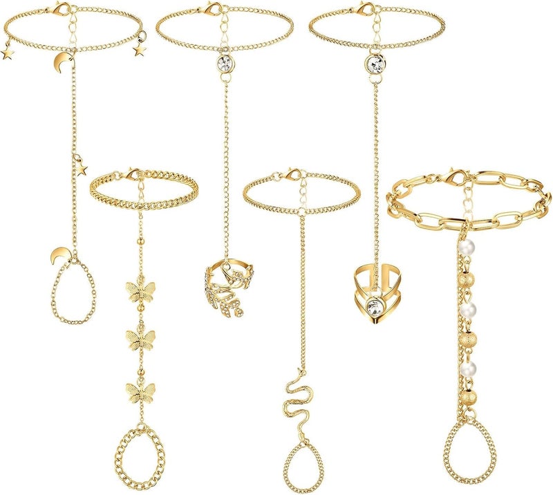 Excefore Silver Wedding Link Chain, Hand Chain Bracelet with Ring, Party & Everyday Jewelry for Women & Girls (6 Pieces) - Image 1