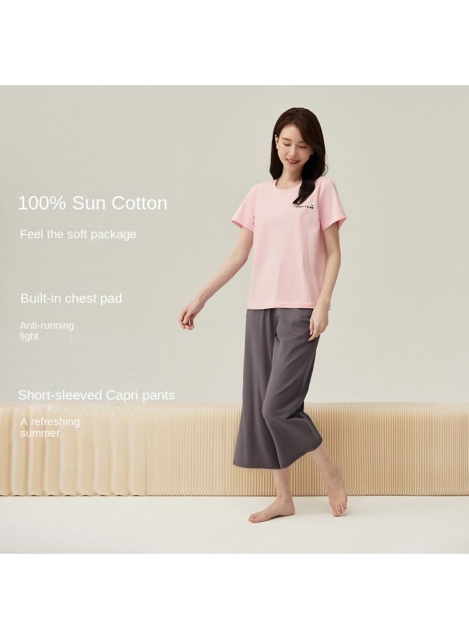 Top melon Built-in Bra Pads 100% Cotton】sunny Casual Women's Short-sleeve Loungewear Summer Pure Cotton Air-conditioning Sleepwear - Image 3