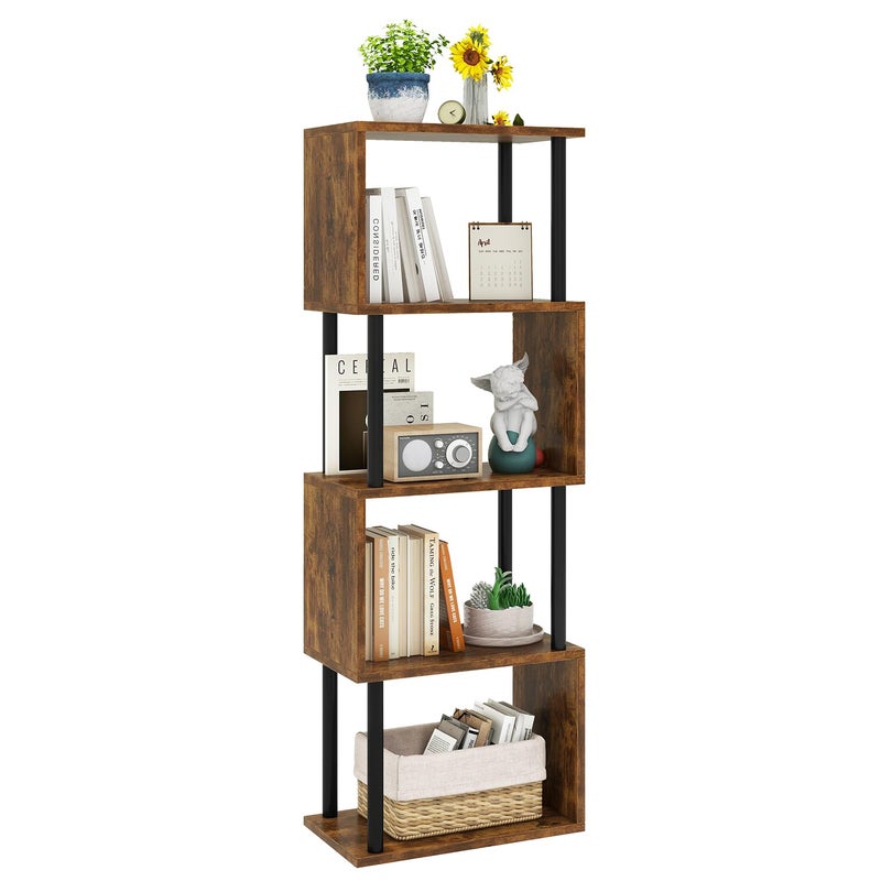 IBUYKE 5-Tier Tall Bookshelf,S-Shaped Geometric Bookcase, Wood Display Shelves with Storage,Industrial Bookshelf for Living Room Bedroom, Home Office, Rustic Brown WBC015H - Image 1