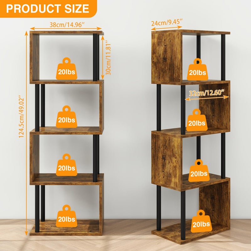 IBUYKE 5-Tier Tall Bookshelf,S-Shaped Geometric Bookcase, Wood Display Shelves with Storage,Industrial Bookshelf for Living Room Bedroom, Home Office, Rustic Brown WBC015H - Image 4