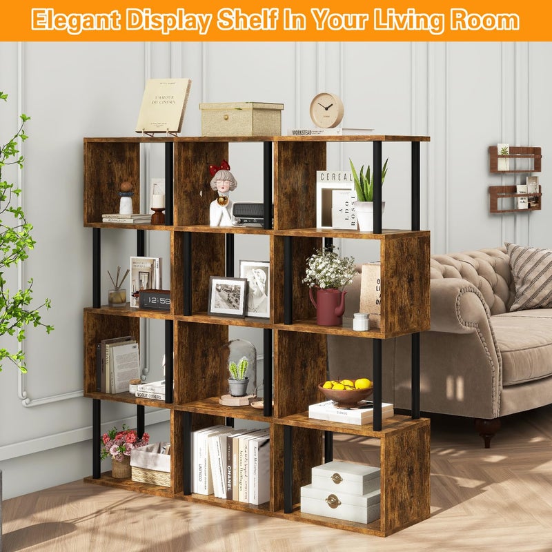 IBUYKE 5-Tier Tall Bookshelf,S-Shaped Geometric Bookcase, Wood Display Shelves with Storage,Industrial Bookshelf for Living Room Bedroom, Home Office, Rustic Brown WBC015H - Image 2