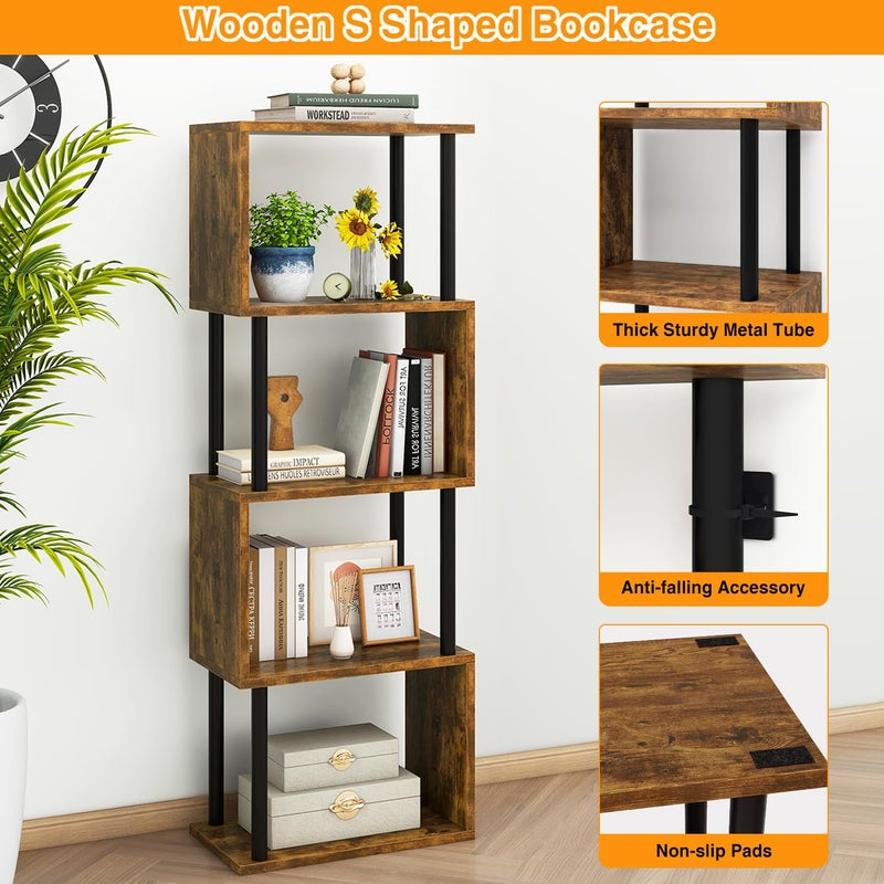 IBUYKE 5-Tier Tall Bookshelf,S-Shaped Geometric Bookcase, Wood Display Shelves with Storage,Industrial Bookshelf for Living Room Bedroom, Home Office, Rustic Brown WBC015H - Image 3