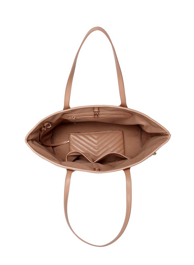 Daisy Rose Quilted Chevron Tote Shoulder Travel Bag & Matching Clutch PU Vegan Leather - Blush - Image 4