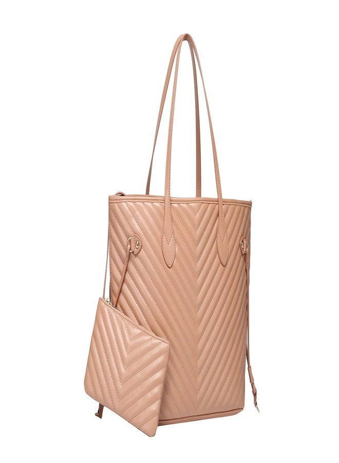 Daisy Rose Quilted Chevron Tote Shoulder Travel Bag & Matching Clutch PU Vegan Leather - Blush - Image 1