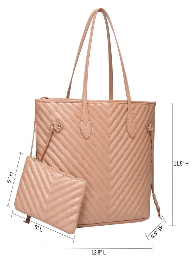 Daisy Rose Quilted Chevron Tote Shoulder Travel Bag & Matching Clutch PU Vegan Leather - Blush - Image 3