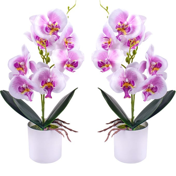 Artificial Orchid Flowers 2 Pieces Potted Fake Orchids with Plastic Vase for Table Centerpiece Home Decor Office Wedding Party Decoration