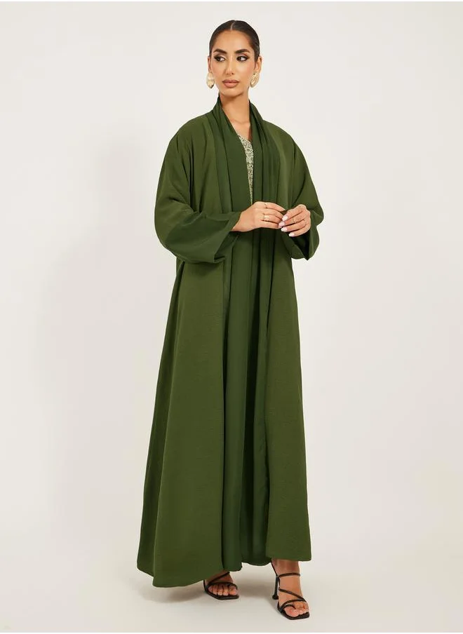 Styli Solid Open Abaya with Chiffon Panel Detail