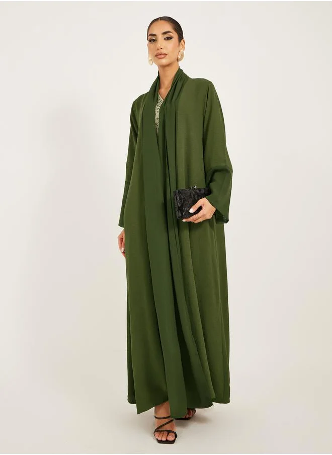 Styli Solid Open Abaya with Chiffon Panel Detail