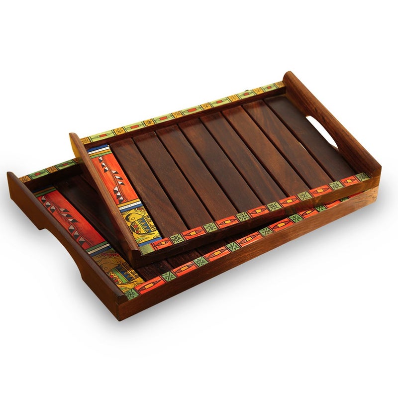 ExclusiveLane 'Madhubani Handpainted' Decorative Wooden Tray Set for Snacks Storage (Sheesham Wood, Set of 2) |Breakfast Tray for Serving Tray Set for Serving Tea Trays for Serving Rectangular - Image 2