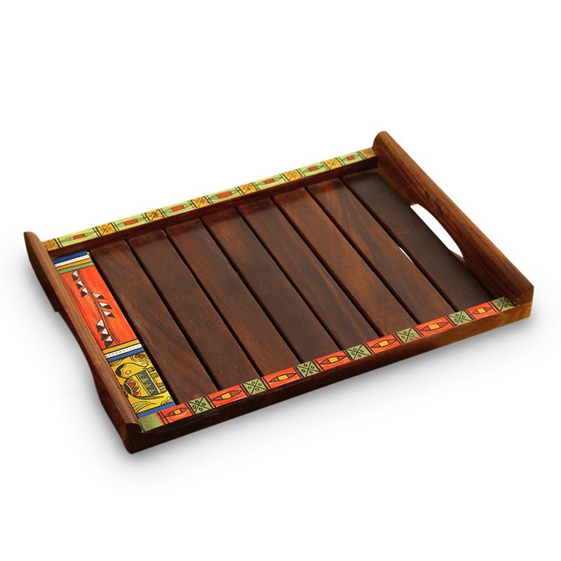 ExclusiveLane 'Madhubani Handpainted' Decorative Wooden Tray Set for Snacks Storage (Sheesham Wood, Set of 2) |Breakfast Tray for Serving Tray Set for Serving Tea Trays for Serving Rectangular - Image 4