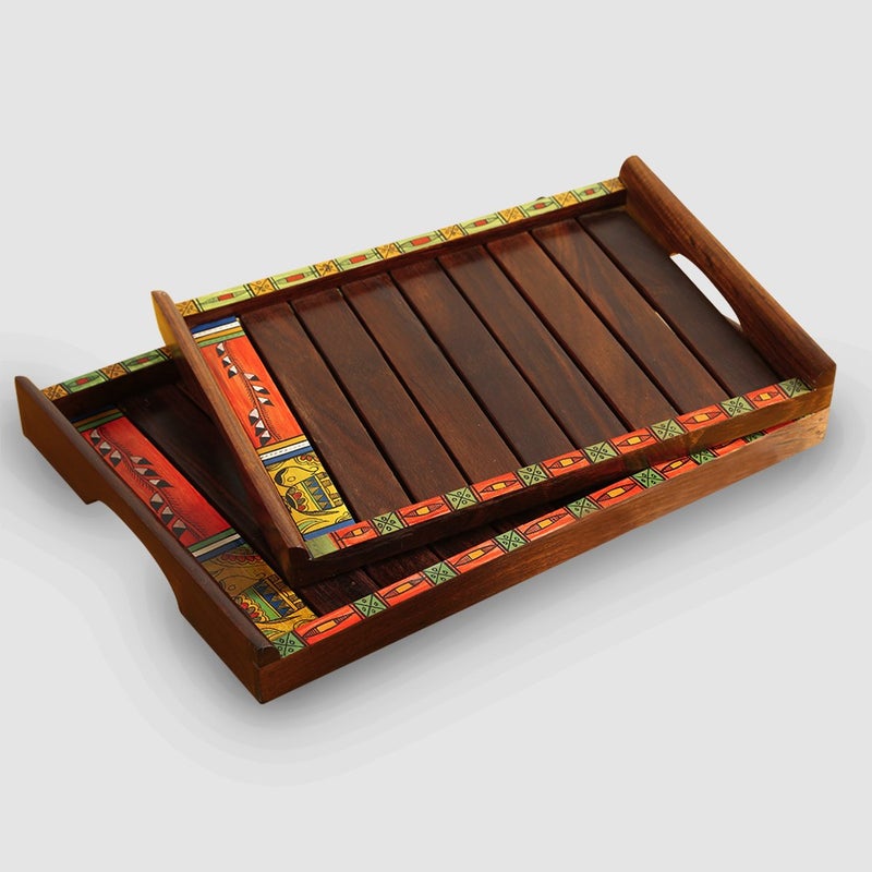 ExclusiveLane 'Madhubani Handpainted' Decorative Wooden Tray Set for Snacks Storage (Sheesham Wood, Set of 2) |Breakfast Tray for Serving Tray Set for Serving Tea Trays for Serving Rectangular - Image 3
