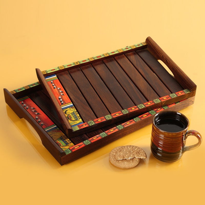ExclusiveLane 'Madhubani Handpainted' Decorative Wooden Tray Set for Snacks Storage (Sheesham Wood, Set of 2) |Breakfast Tray for Serving Tray Set for Serving Tea Trays for Serving Rectangular - Image 1