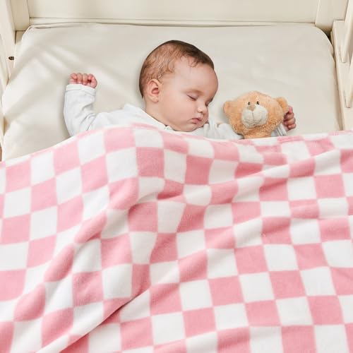 Yurhap Checkered Baby Blanket for Girls Pink Fleece Baby Blankets for Girls Boys, Warmer Comfort Lightweight Bed Blanket for Toddlers Infants or Newborn, 30''x40'', Pink - Image 3
