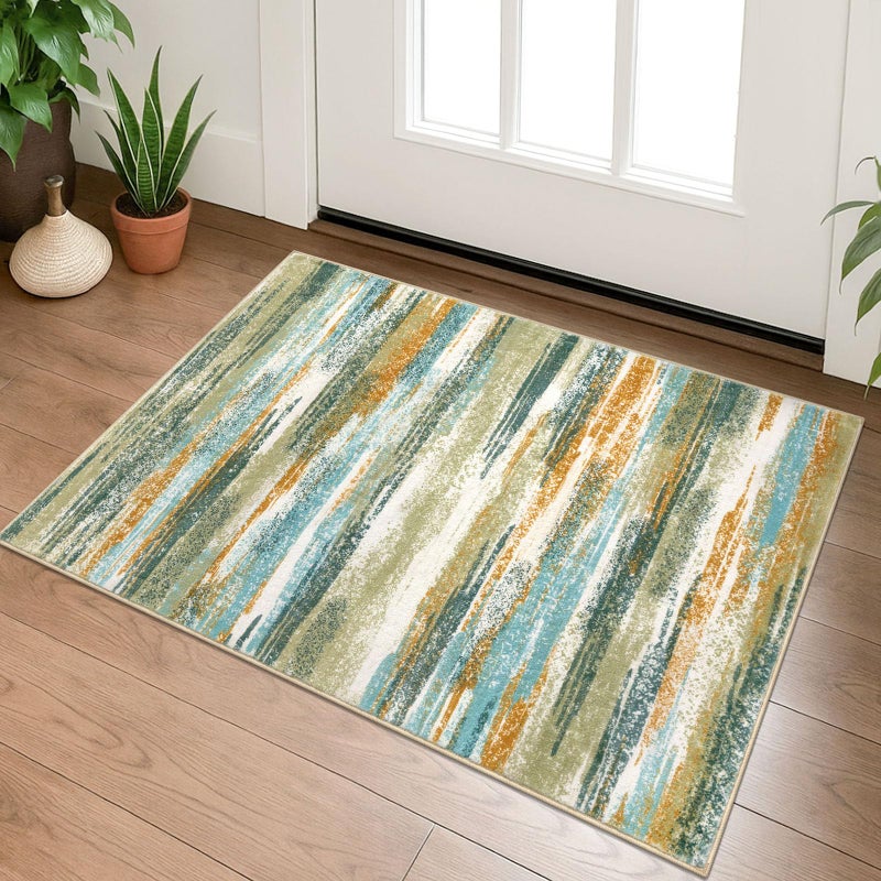 Lansny Modern Abstract Entryway Rug Indoor 2x3 Washable Rug Non-Slip Soft Small Area Rug Green Mustard Multi Kitchen Mats Thin Print Faux Wool Floor Carpet Throw Rugs for Entrance Bedroom Home Decor - Image 1