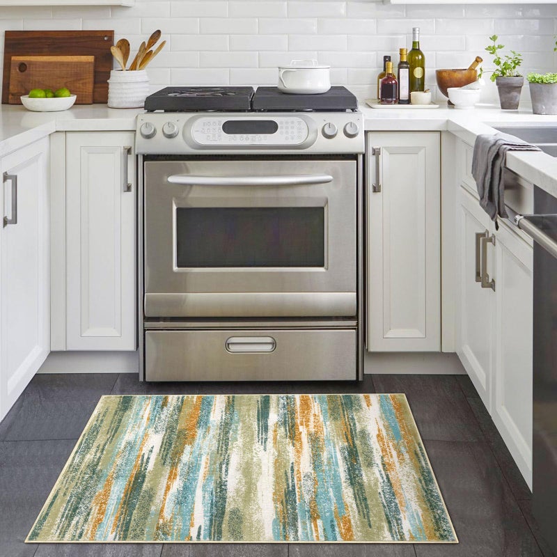 Lansny Modern Abstract Entryway Rug Indoor 2x3 Washable Rug Non-Slip Soft Small Area Rug Green Mustard Multi Kitchen Mats Thin Print Faux Wool Floor Carpet Throw Rugs for Entrance Bedroom Home Decor - Image 2