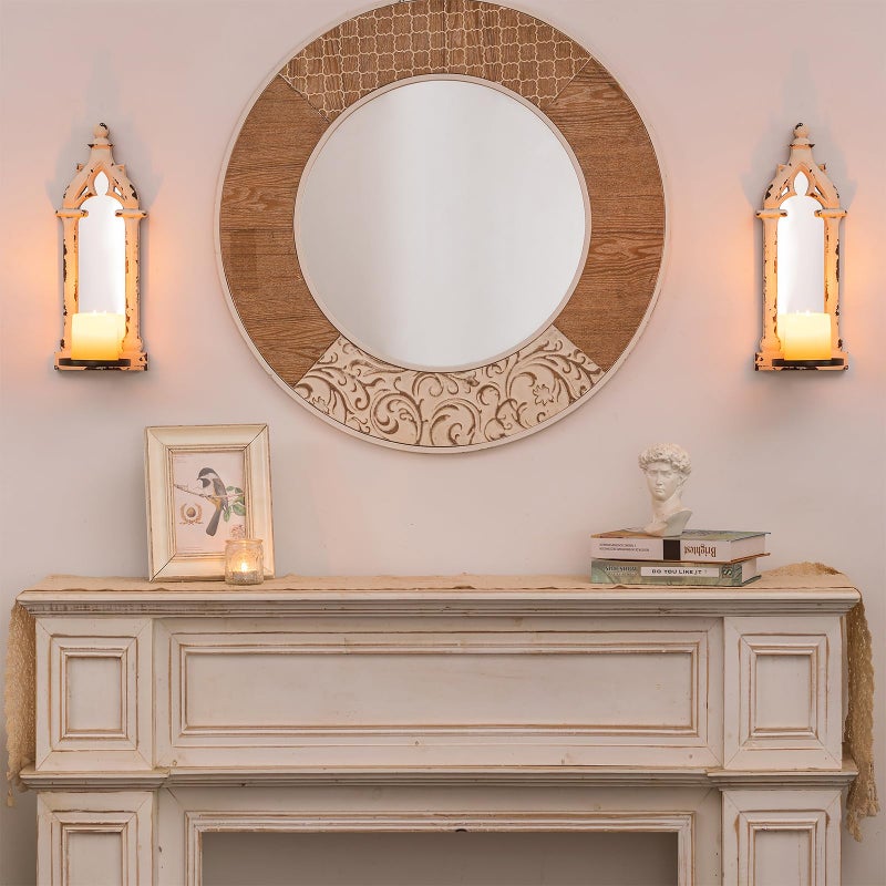 Walasis Farmhouse Mirror Wall Candle Sconces Set of 2 - Shabby Chic Decor Rustic Candle Holder French for Bathroom Living Room Mirrored Sconce - Image 5