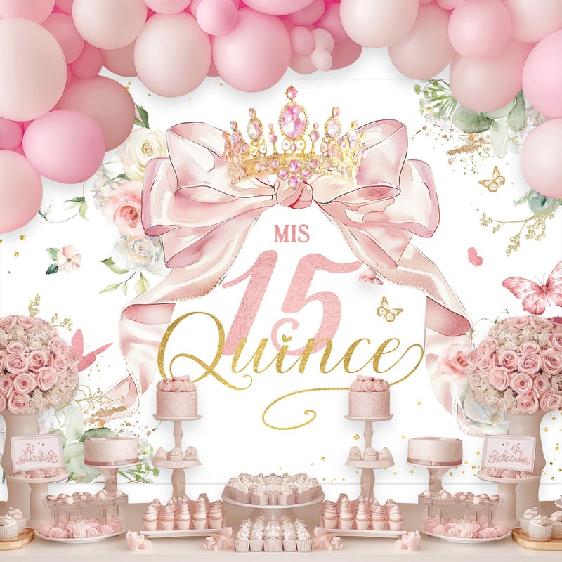 Ufeela Quinceanera Birthday Backdrop 7Wx5H Feet Fabric Polyester Girls Mis Quince 15th Birthday Backdrop Pink Bow Coquette Floral Spring Princess Photography Background Banner Photo Shoot Decor Prop - Image 2