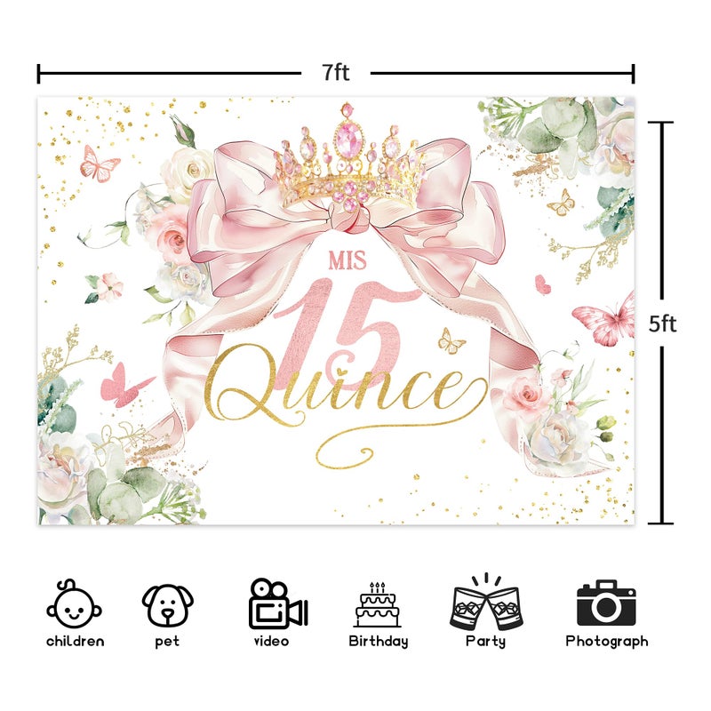 Ufeela Quinceanera Birthday Backdrop 7Wx5H Feet Fabric Polyester Girls Mis Quince 15th Birthday Backdrop Pink Bow Coquette Floral Spring Princess Photography Background Banner Photo Shoot Decor Prop - Image 3