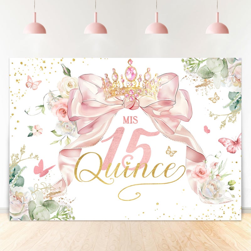 Ufeela Quinceanera Birthday Backdrop 7Wx5H Feet Fabric Polyester Girls Mis Quince 15th Birthday Backdrop Pink Bow Coquette Floral Spring Princess Photography Background Banner Photo Shoot Decor Prop - Image 1