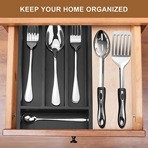 Ayiaren Small Cutlery Tray Narrow Wooden Silverware Organizer 12"x6.7" Spoon Kitchen Utensil Holder for Drawer Divider Bamboo Cutlery Drawer Organizers Storage Black Wood Silverware Tray Flatware Organizer - Image 2