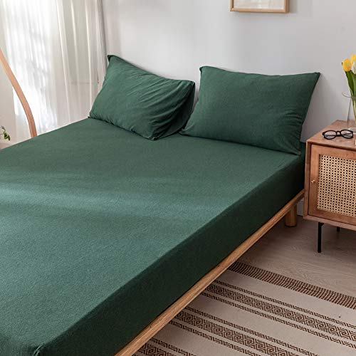 DONEUS Jersey Knit Cotton Fitted Sheet 3 Piece - Ultra Soft, Wrinkle Free and Breathable, 15 Inches Deep Pocket Elastic Sheets with 2 Pillowcases, Solid Forest Green Queen - Image 2