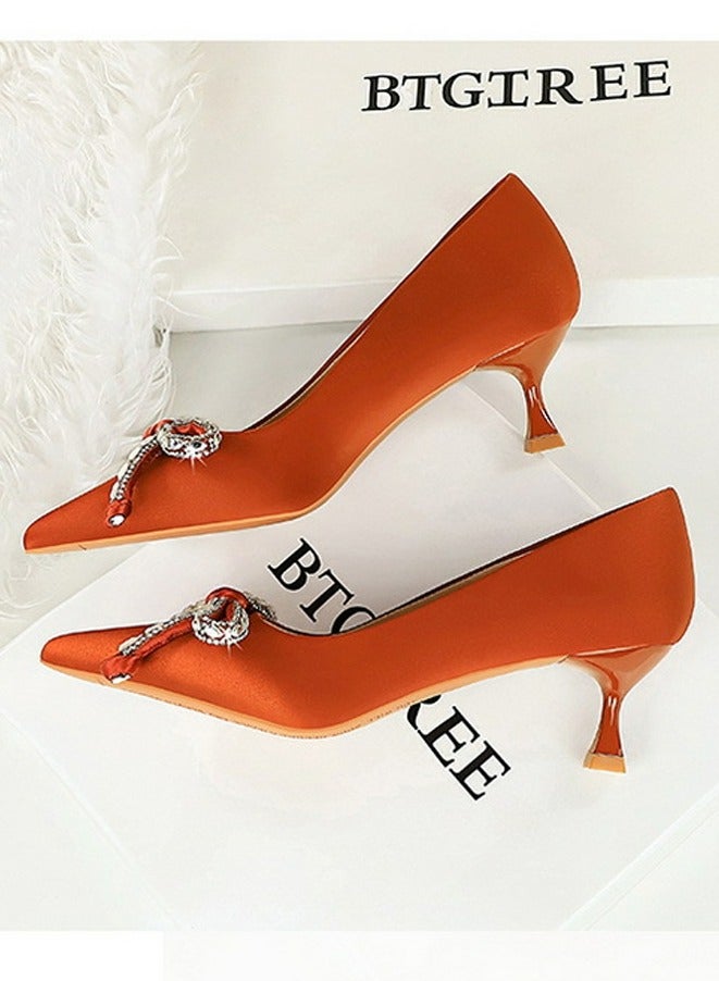 BIGTREE Women's Elegant Bowknot Party Stiletto Pumps Satin Pointed Closed Toe High Heels 5CM Orange - Image 3