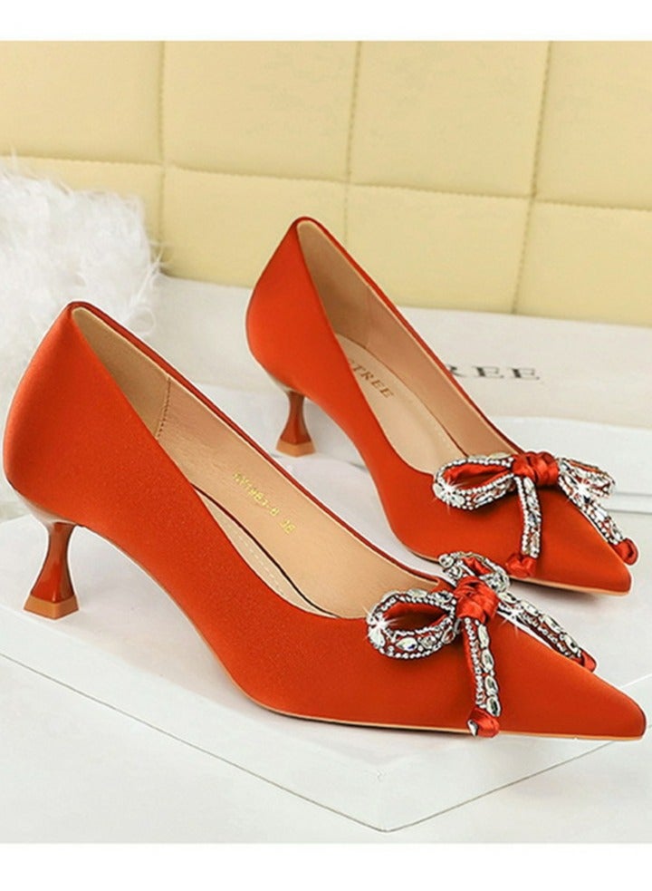 BIGTREE Women's Elegant Bowknot Party Stiletto Pumps Satin Pointed Closed Toe High Heels 5CM Orange - Image 2