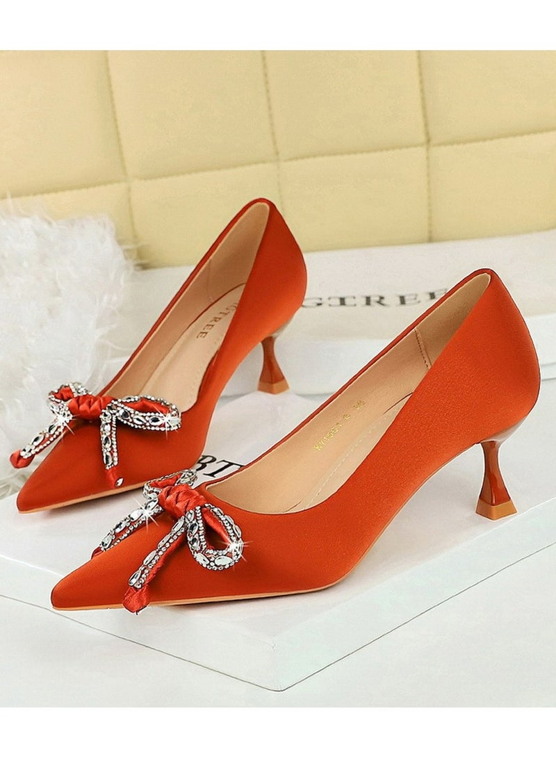 BIGTREE Women's Elegant Bowknot Party Stiletto Pumps Satin Pointed Closed Toe High Heels 5CM Orange - Image 1