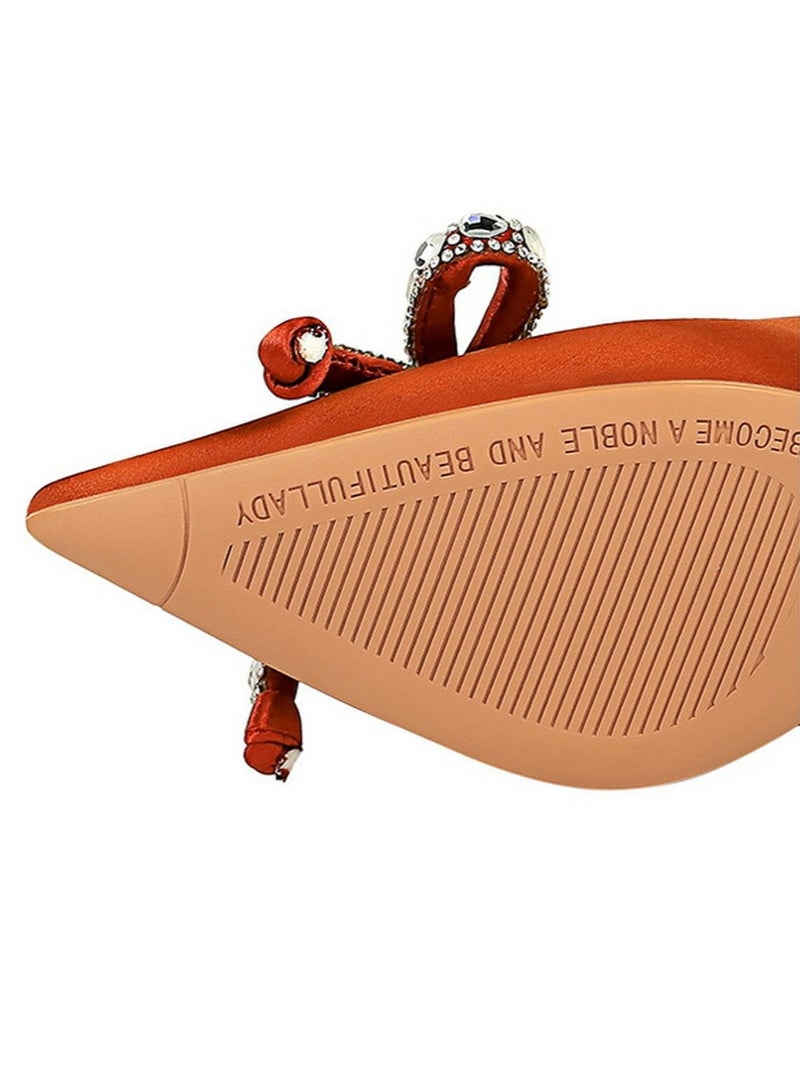 BIGTREE Women's Elegant Bowknot Party Stiletto Pumps Satin Pointed Closed Toe High Heels 5CM Orange - Image 5