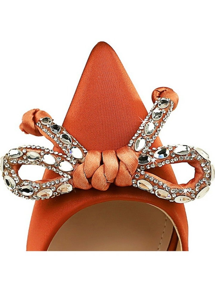 BIGTREE Women's Elegant Bowknot Party Stiletto Pumps Satin Pointed Closed Toe High Heels 5CM Orange - Image 4