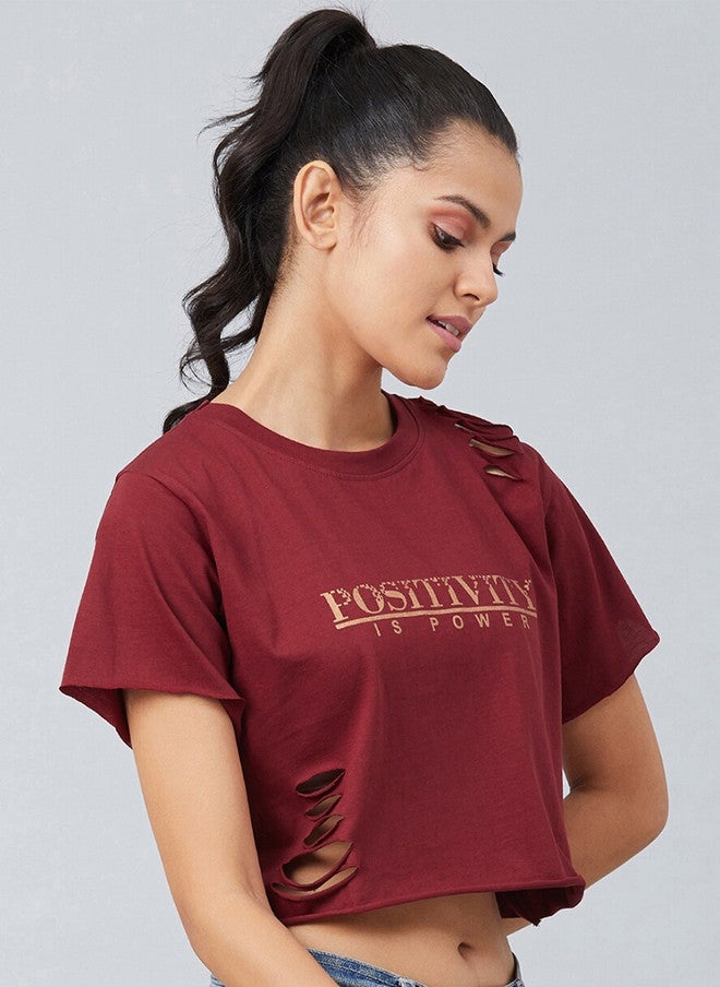 CHIMPAAANZEE Women Maroon Typography Print 100% Cotton Crop T-shirt - Image 3