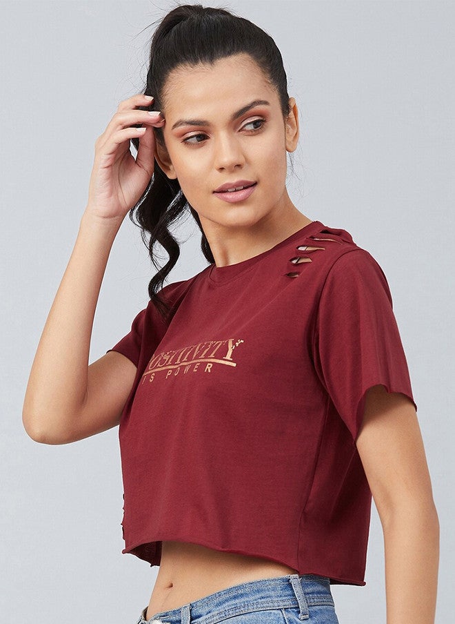 CHIMPAAANZEE Women Maroon Typography Print 100% Cotton Crop T-shirt - Image 4