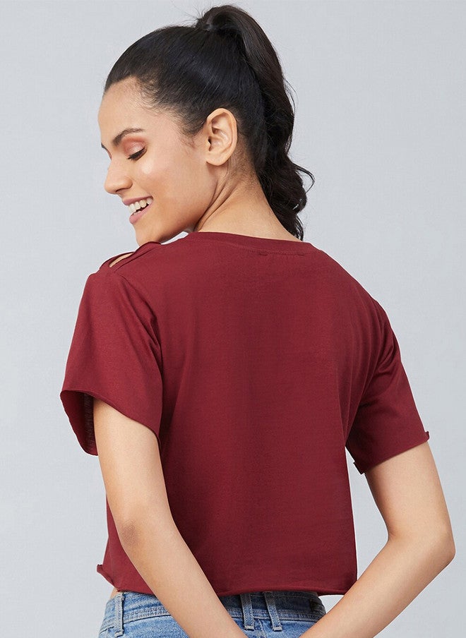 CHIMPAAANZEE Women Maroon Typography Print 100% Cotton Crop T-shirt - Image 5