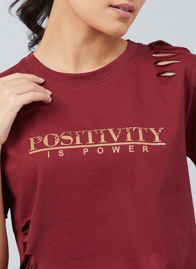 CHIMPAAANZEE Women Maroon Typography Print 100% Cotton Crop T-shirt - Image 2