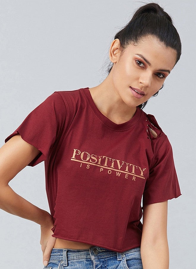 CHIMPAAANZEE Women Maroon Typography Print 100% Cotton Crop T-shirt - Image 1